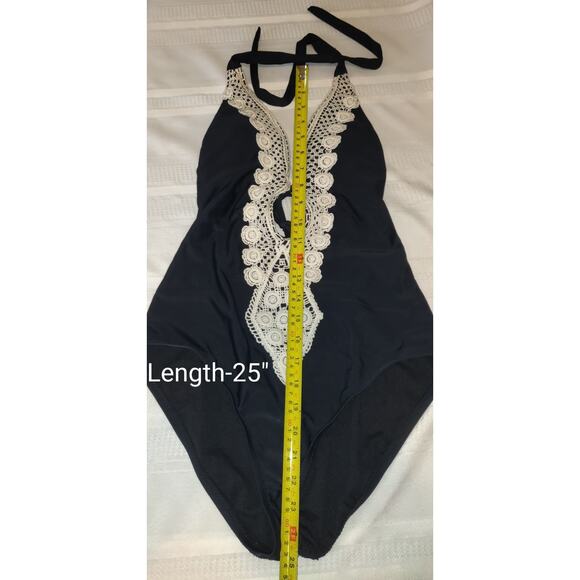 Mossimo Swimsuit Sz M Halter Crocheted Black One Piece Plunge Neckline Sexy!! - Picture 14 of 14